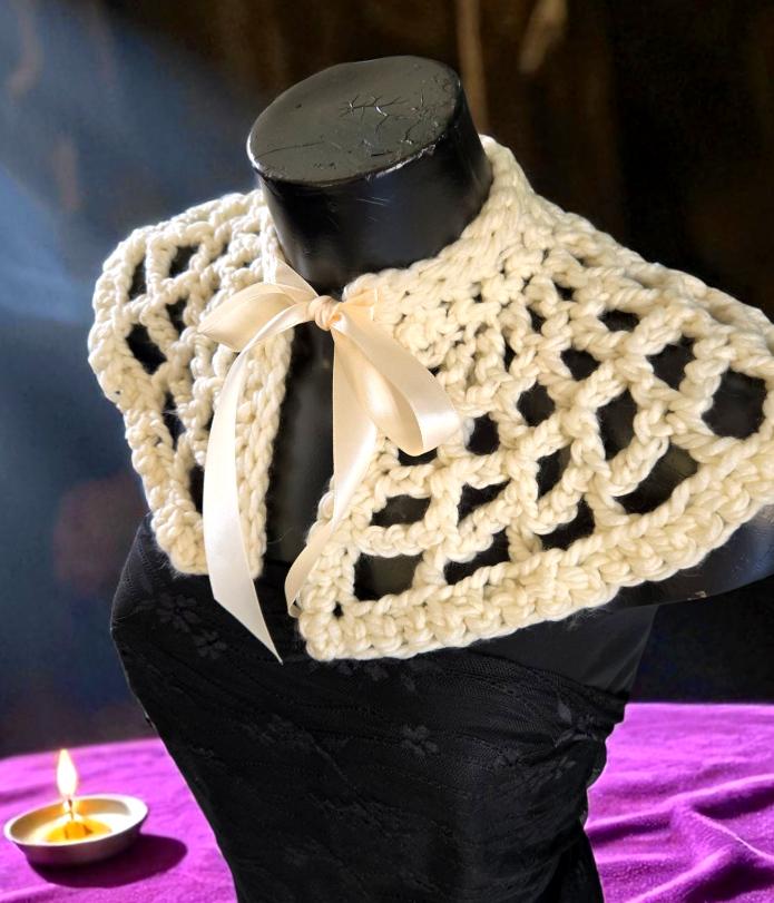 Crochet Spider Web Cream Shawl - Chunky Knit Lace Wrap