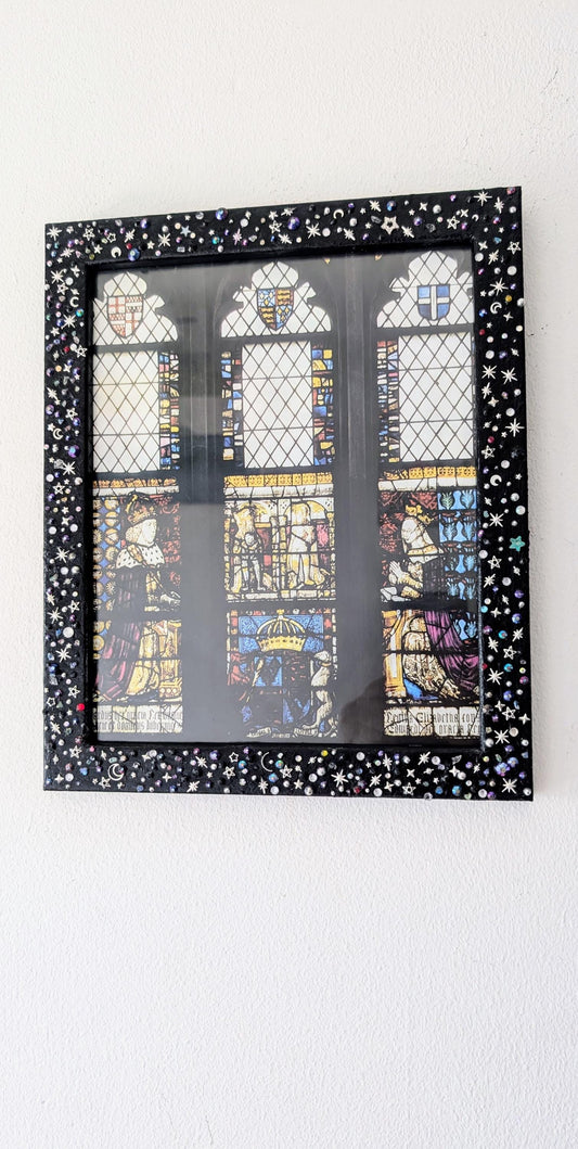 10 x 8" black wood portrait wall hanging photo picture frame hand embellished with gems and silver foil star Bursts moons gothic home decor