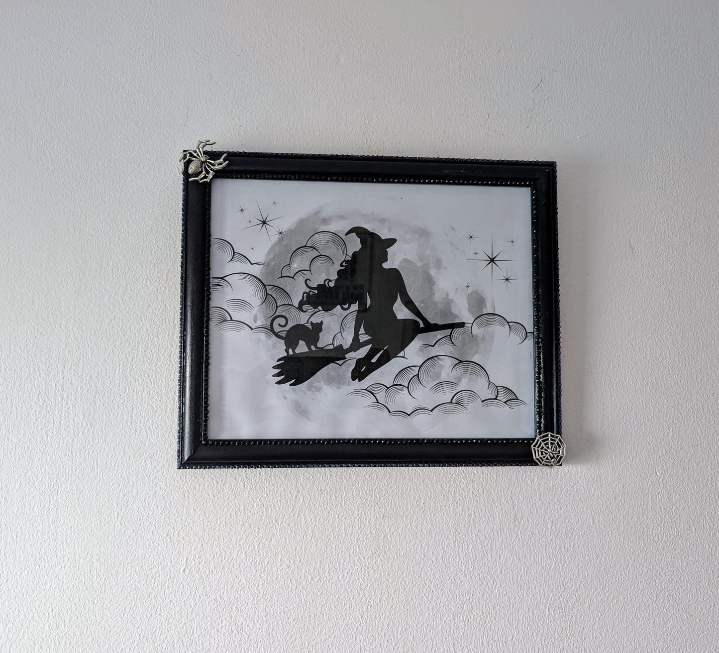 8 x 10" landscape gothic inspired picture photo frame hand painted black. Embellished with smokey blue/grey + black gems, spiders + cobweb
