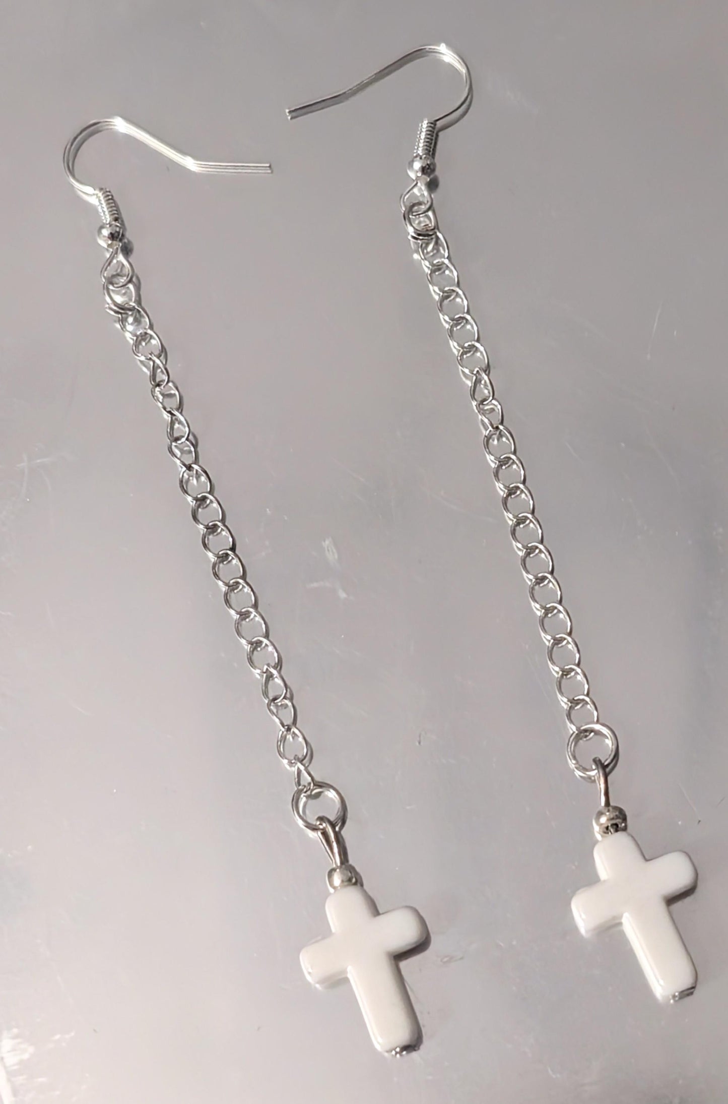 Handmade white cross crucifix drop dangle silver tone metal chain hook earrings goth festival punk fashion accessory gift present for her