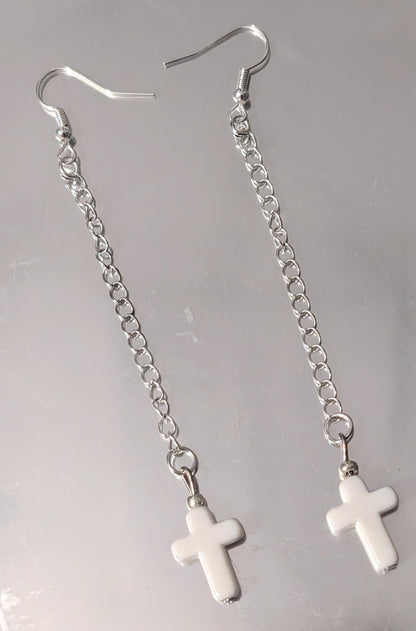 Handmade white cross crucifix drop dangle silver tone metal chain hook earrings goth festival punk fashion accessory gift present for her