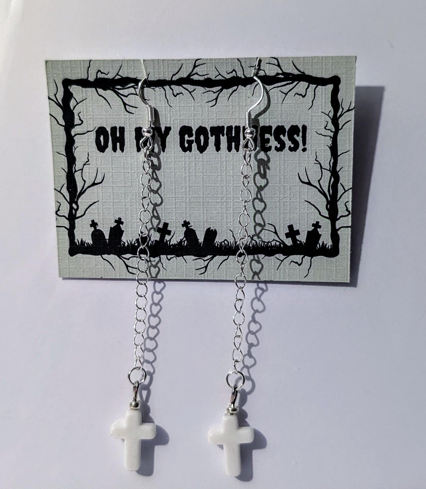 Handmade white cross crucifix drop dangle silver tone metal chain hook earrings goth festival punk fashion accessory gift present for her