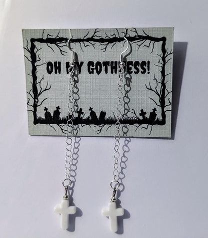 Handmade white cross crucifix drop dangle silver tone metal chain hook earrings goth festival punk fashion accessory gift present for her