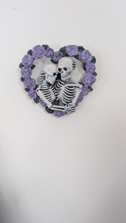 Skeleton Lovers in a heart made of lilac roses Hand made and painted. Gothic wall hanging decor wedding gift goth couples house warming