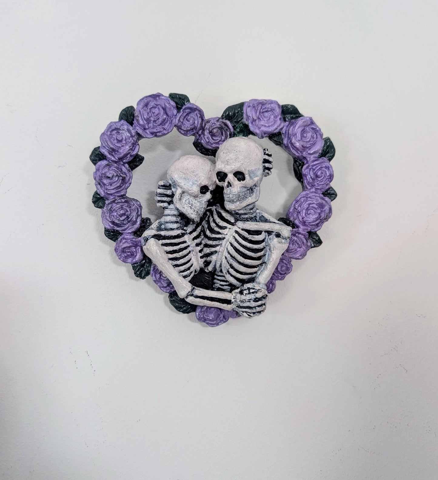 Skeleton Lovers in a heart made of lilac roses Hand made and painted. Gothic wall hanging decor wedding gift goth couples house warming