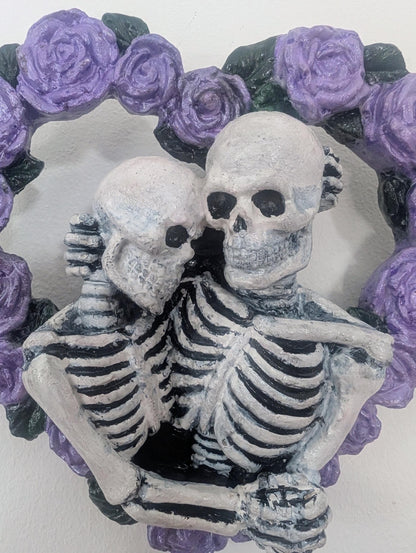 Skeleton Lovers in a heart made of lilac roses Hand made and painted. Gothic wall hanging decor wedding gift goth couples house warming