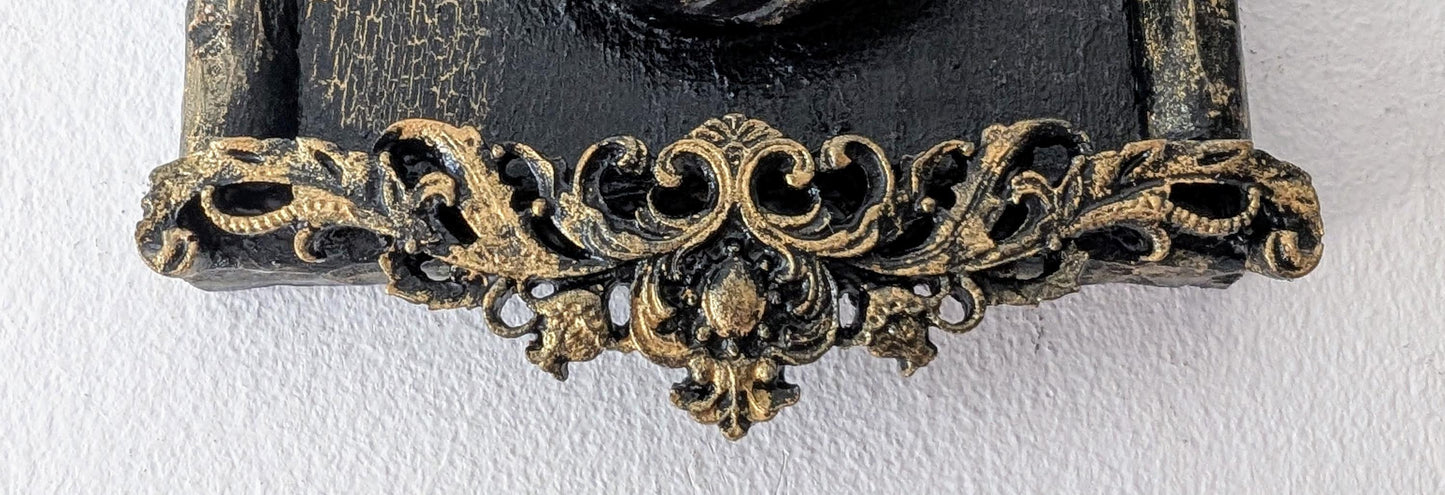 Small decorative wall hanging plaque hand made unique 3d art gothic baroque black + gold lady female skeleton skull home decor accent gift