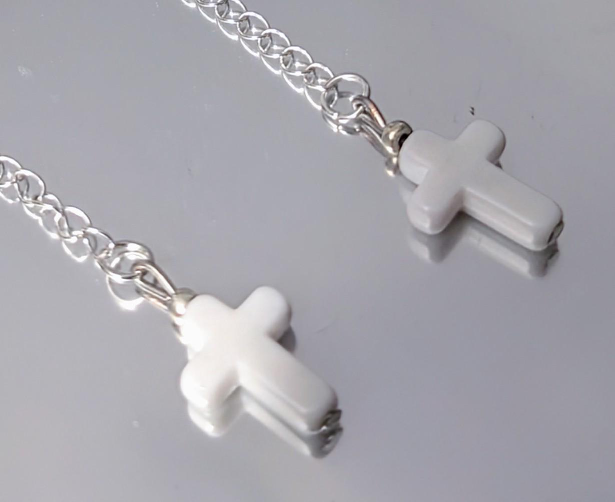 Handmade white cross crucifix drop dangle silver tone metal chain hook earrings goth festival punk fashion accessory gift present for her