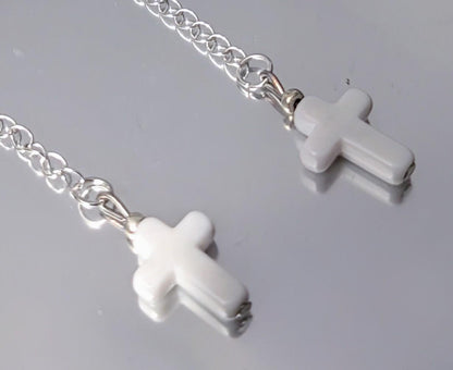 Handmade white cross crucifix drop dangle silver tone metal chain hook earrings goth festival punk fashion accessory gift present for her