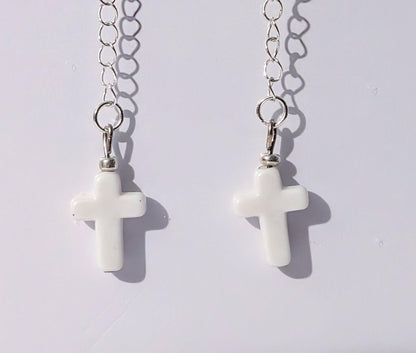 Handmade white cross crucifix drop dangle silver tone metal chain hook earrings goth festival punk fashion accessory gift present for her
