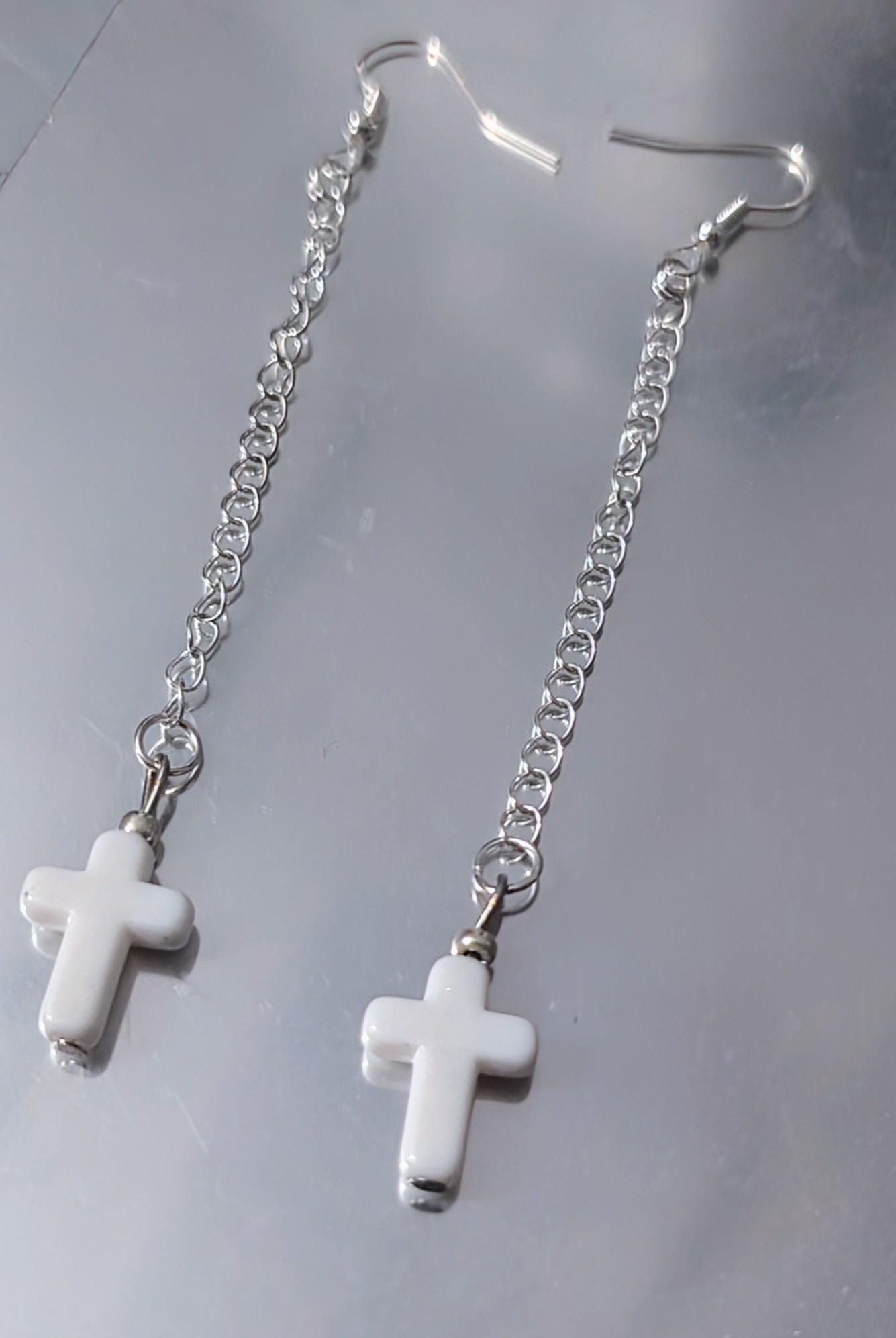 Handmade white cross crucifix drop dangle silver tone metal chain hook earrings goth festival punk fashion accessory gift present for her