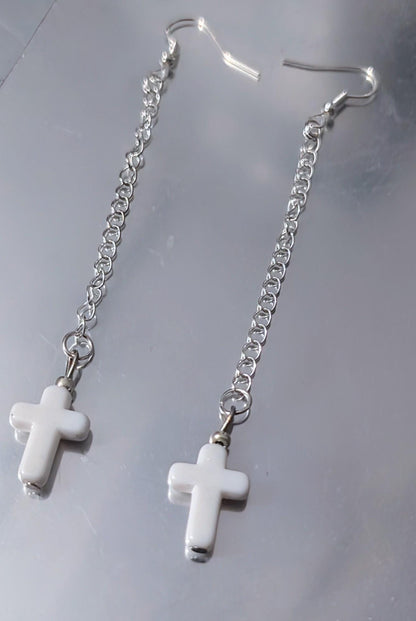Handmade white cross crucifix drop dangle silver tone metal chain hook earrings goth festival punk fashion accessory gift present for her