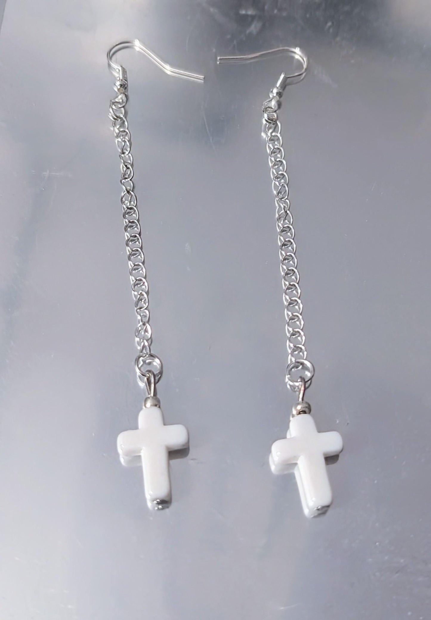 Handmade white cross crucifix drop dangle silver tone metal chain hook earrings goth festival punk fashion accessory gift present for her