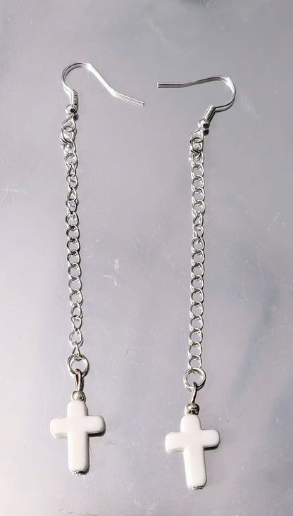 Handmade white cross crucifix drop dangle silver tone metal chain hook earrings goth festival punk fashion accessory gift present for her