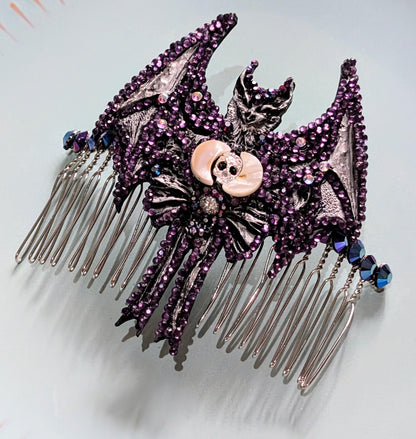 Handmade Gothic Bat Hair Comb, Moon, Skull, Iridescent Gems