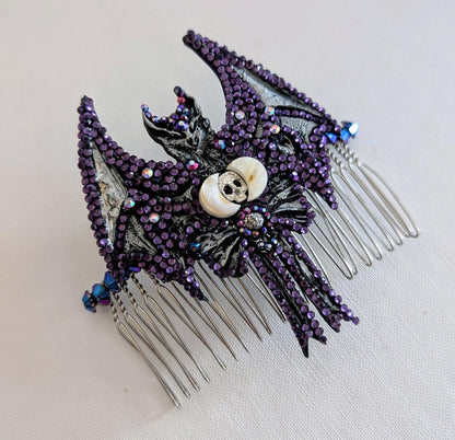 Handmade Gothic Bat Hair Comb, Moon, Skull, Iridescent Gems