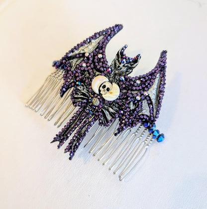 Handmade Gothic Bat Hair Comb, Moon, Skull, Iridescent Gems
