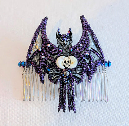 Handmade Gothic Bat Hair Comb, Moon, Skull, Iridescent Gems