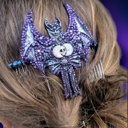 Handmade Gothic Bat Hair Comb, Moon, Skull, Iridescent Gems