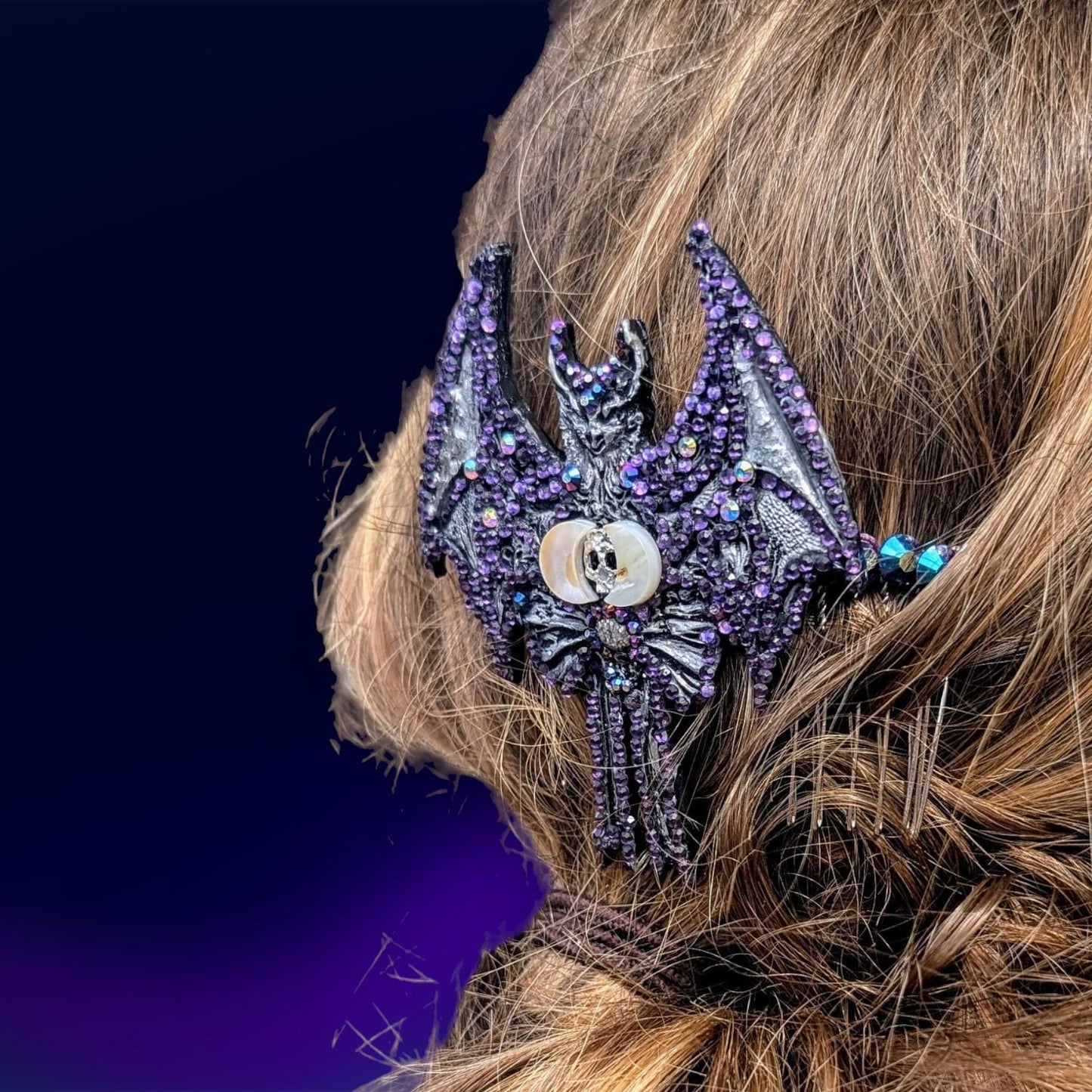 Handmade Gothic Bat Hair Comb, Moon, Skull, Iridescent Gems