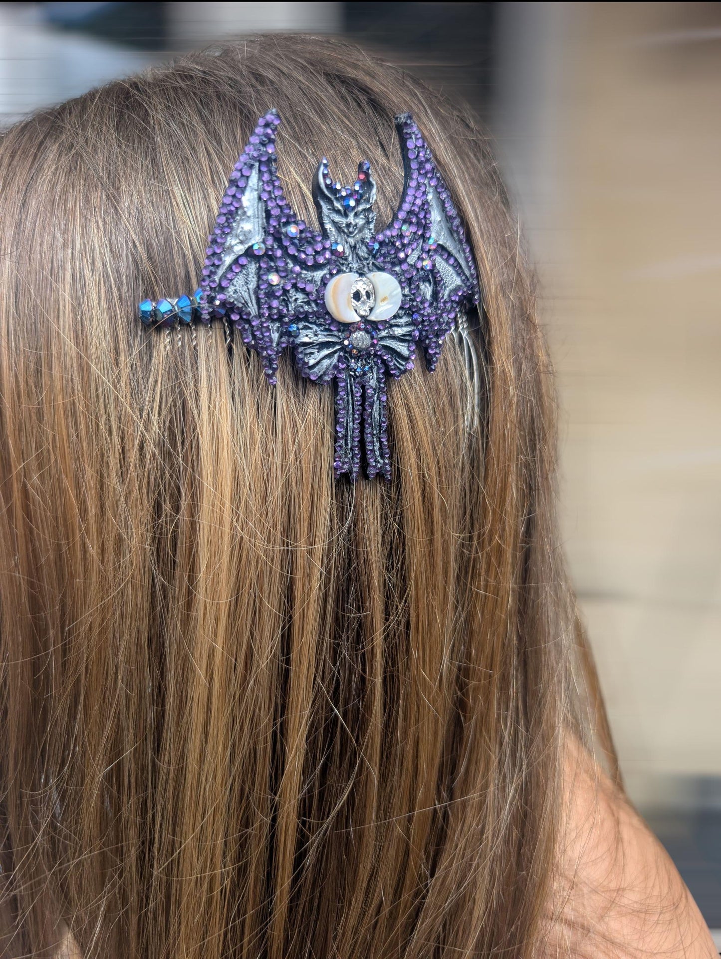 Handmade Gothic Bat Hair Comb, Moon, Skull, Iridescent Gems