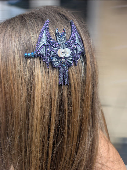 Handmade Gothic Bat Hair Comb, Moon, Skull, Iridescent Gems