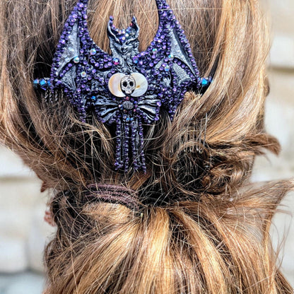Handmade Gothic Bat Hair Comb, Moon, Skull, Iridescent Gems