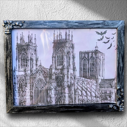 9 x 7" landscape wall hanging photo frame. Hand painted and embellished with gothic charms, stars, spooky house, crescent moon. House gift