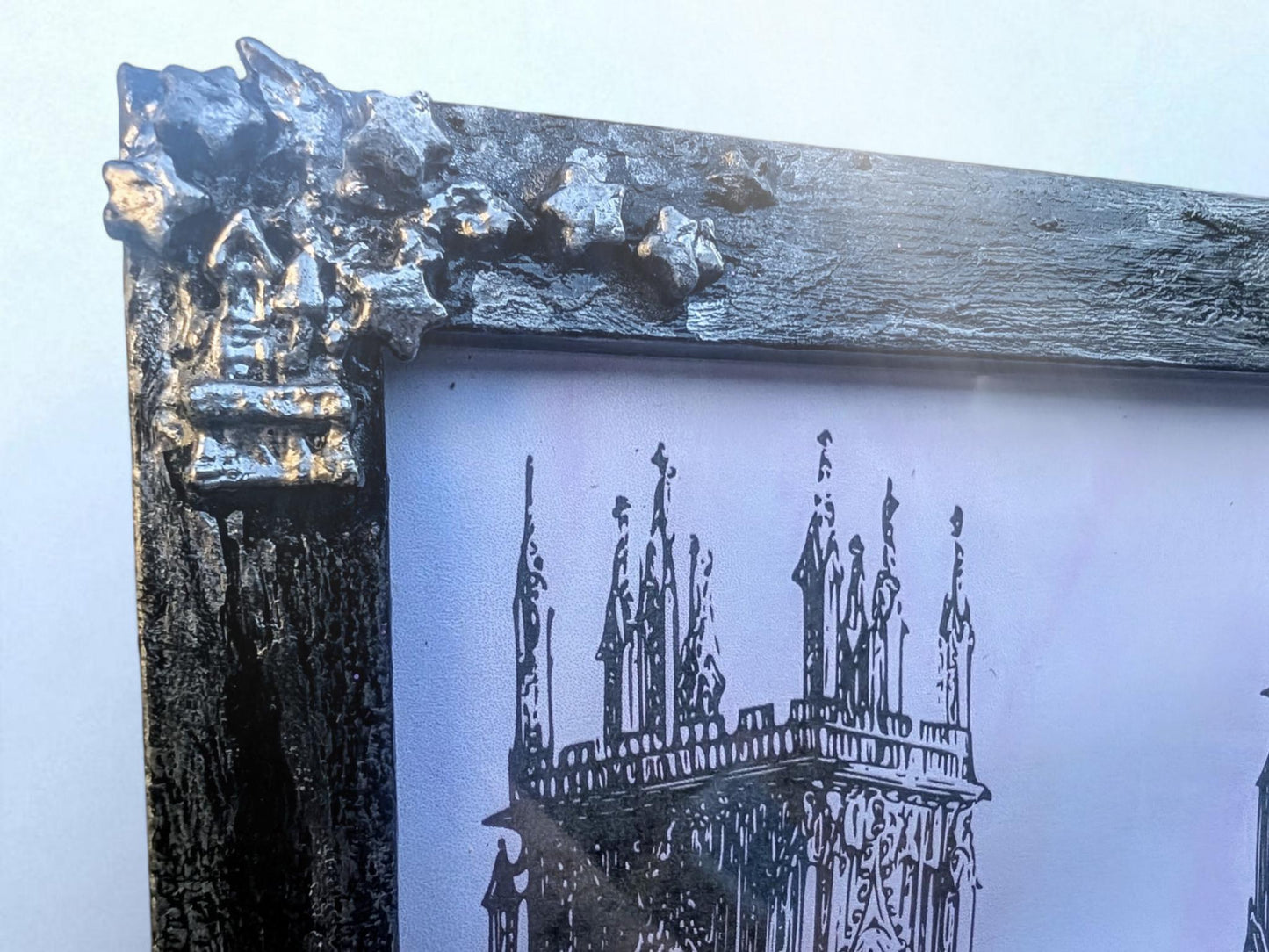 9 x 7" landscape wall hanging photo frame. Hand painted and embellished with gothic charms, stars, spooky house, crescent moon. House gift