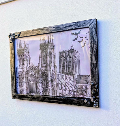9 x 7" landscape wall hanging photo frame. Hand painted and embellished with gothic charms, stars, spooky house, crescent moon. House gift