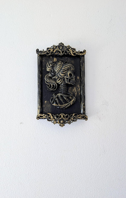 Small decorative wall hanging plaque hand made unique 3d art gothic baroque black + gold lady female skeleton skull home decor accent gift