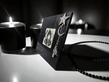 3.5" square black freestanding wooden photo picture frame silver glitter star hand made charm with turquoise drop gem moon + pentagram gift