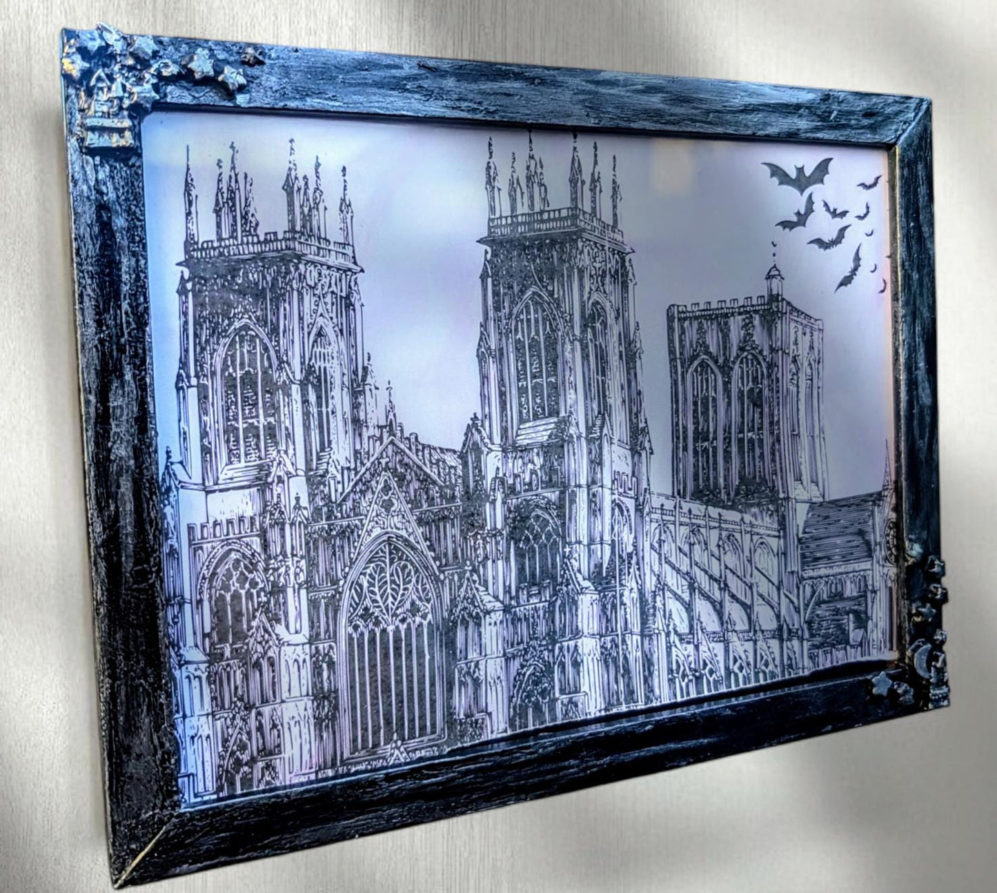 9 x 7" landscape wall hanging photo frame. Hand painted and embellished with gothic charms, stars, spooky house, crescent moon. House gift