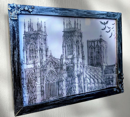 9 x 7" landscape wall hanging photo frame. Hand painted and embellished with gothic charms, stars, spooky house, crescent moon. House gift