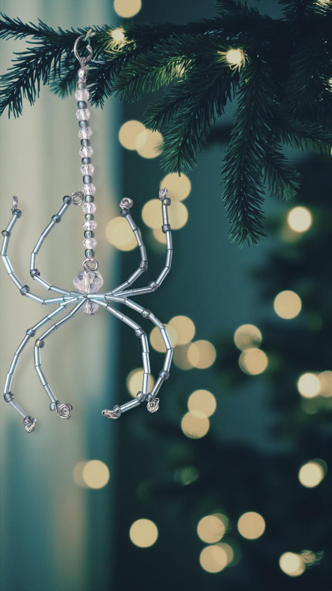 Handmade Beaded Spider Ornament: Turquoise Glass, Halloween Decoration