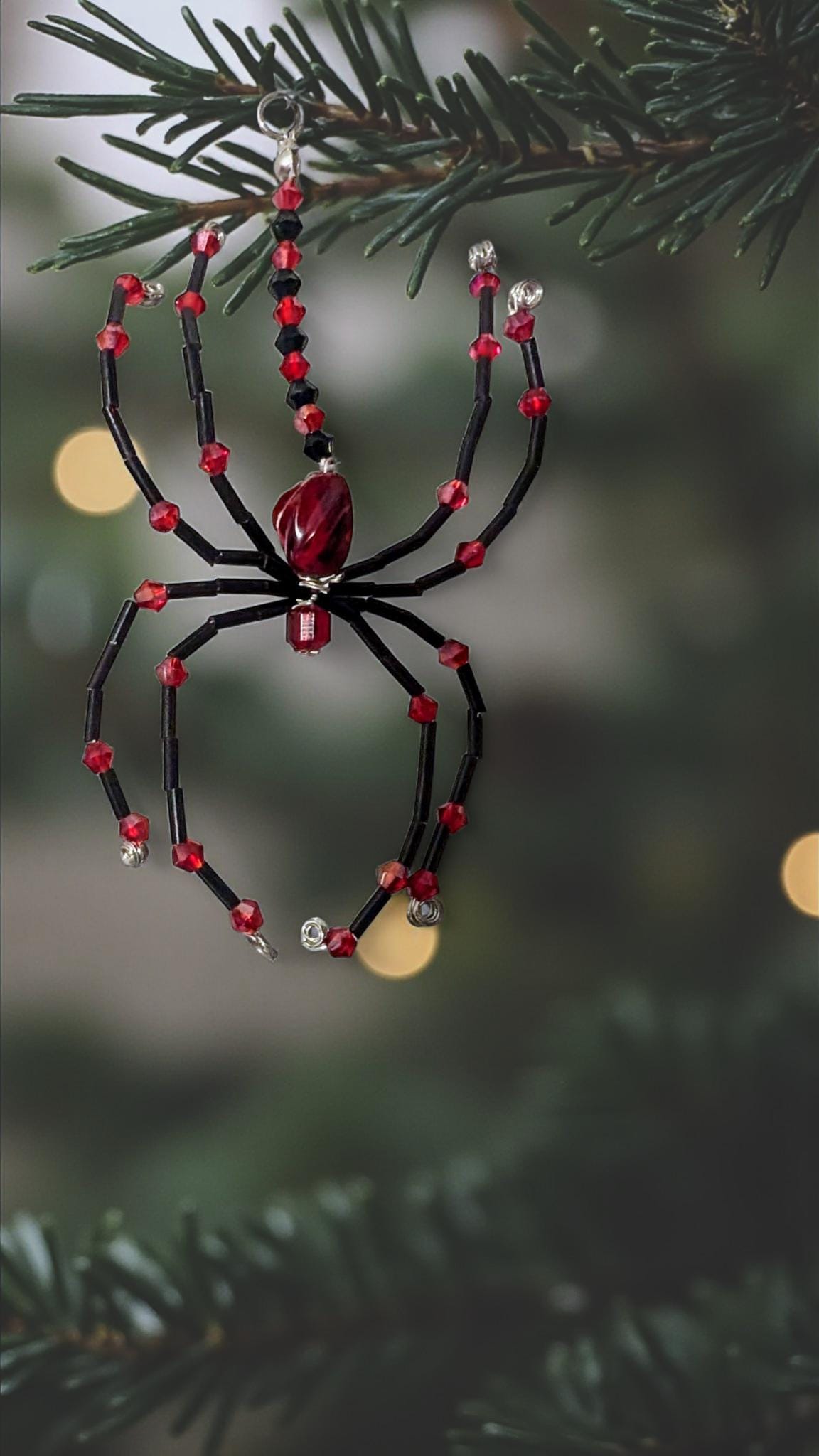 Handmade Beaded Spider Ornament: Red & Black Halloween Decoration