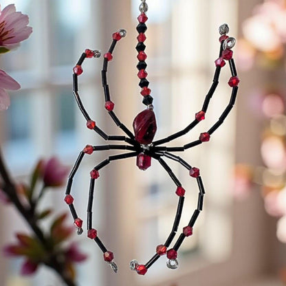 Handmade Beaded Spider Ornament: Red & Black Halloween Decoration