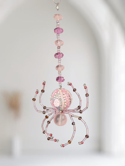 Handmade Beaded Spider Ornament, Pink Glass Beads, Halloween Decoration