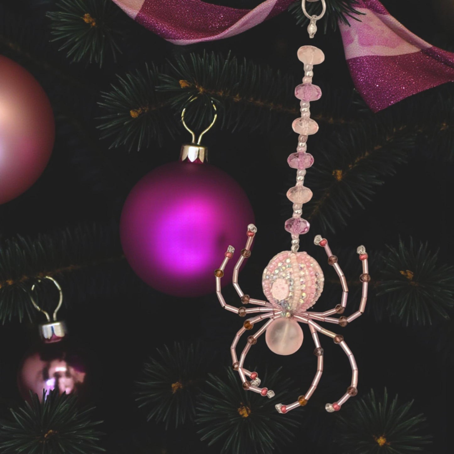 Handmade Beaded Spider Ornament, Pink Glass Beads, Halloween Decoration