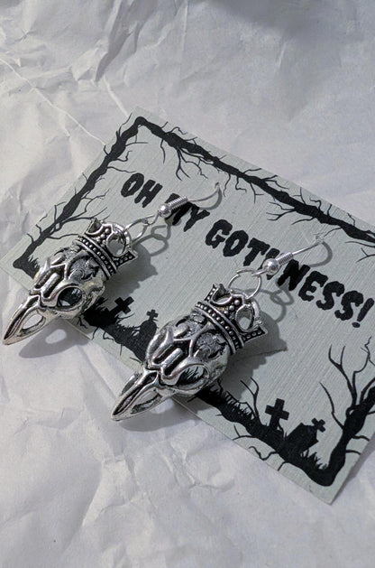 Handmade Gothic Crowned Crow Skull Dangle Earrings, Silver Tone