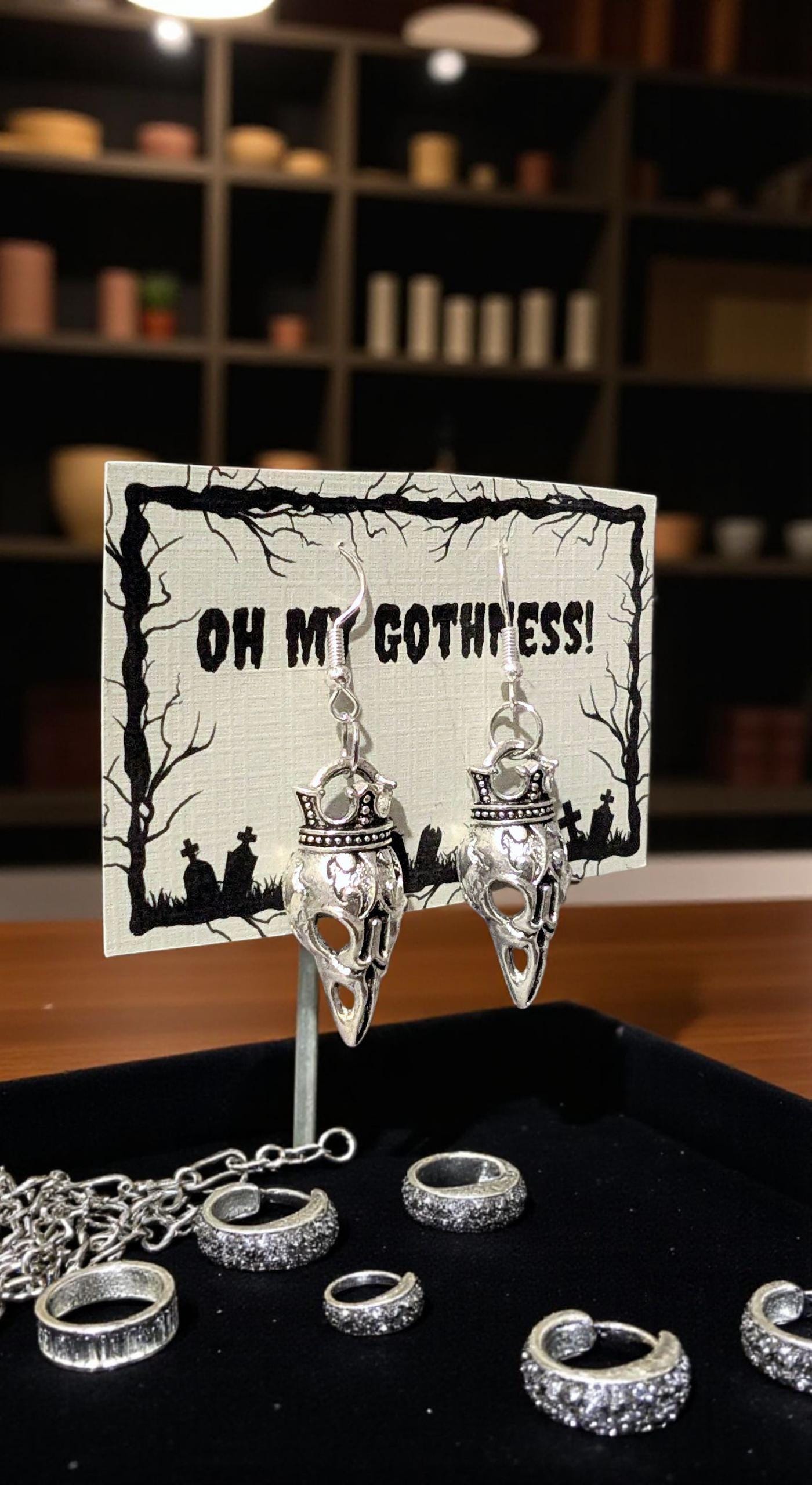 Handmade Gothic Crowned Crow Skull Dangle Earrings, Silver Tone