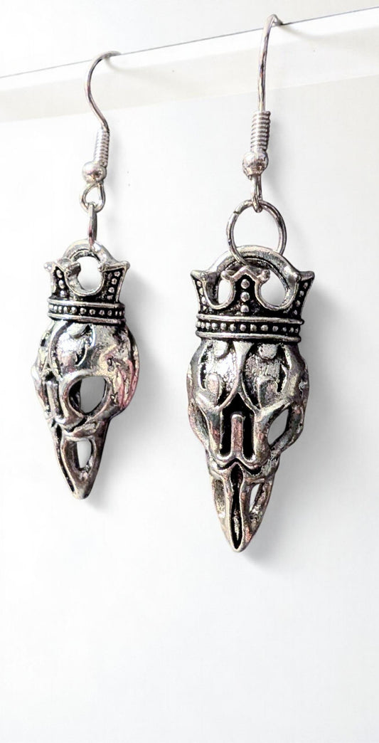 Handmade Gothic Crowned Crow Skull Dangle Earrings, Silver Tone
