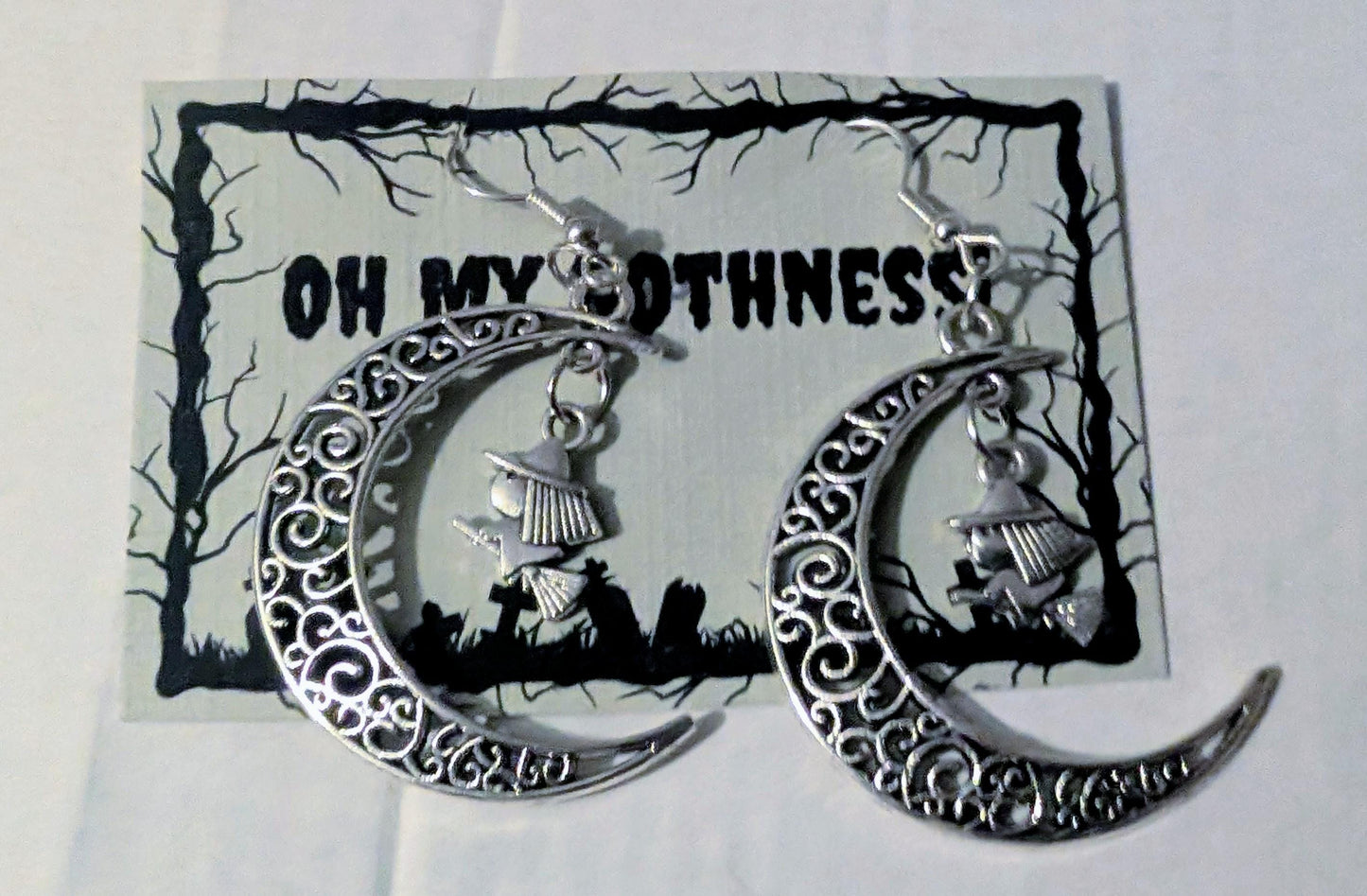 Handmade Crescent Moon Witch Earrings, Silver Tone Halloween Goth Jewelry