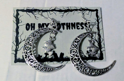 Handmade Crescent Moon Witch Earrings, Silver Tone Halloween Goth Jewelry