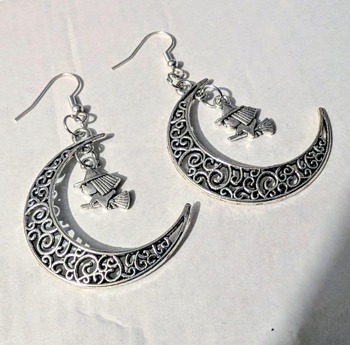 Handmade Crescent Moon Witch Earrings, Silver Tone Halloween Goth Jewelry