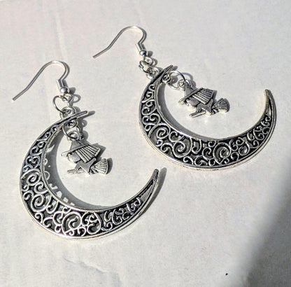 Handmade Crescent Moon Witch Earrings, Silver Tone Halloween Goth Jewelry