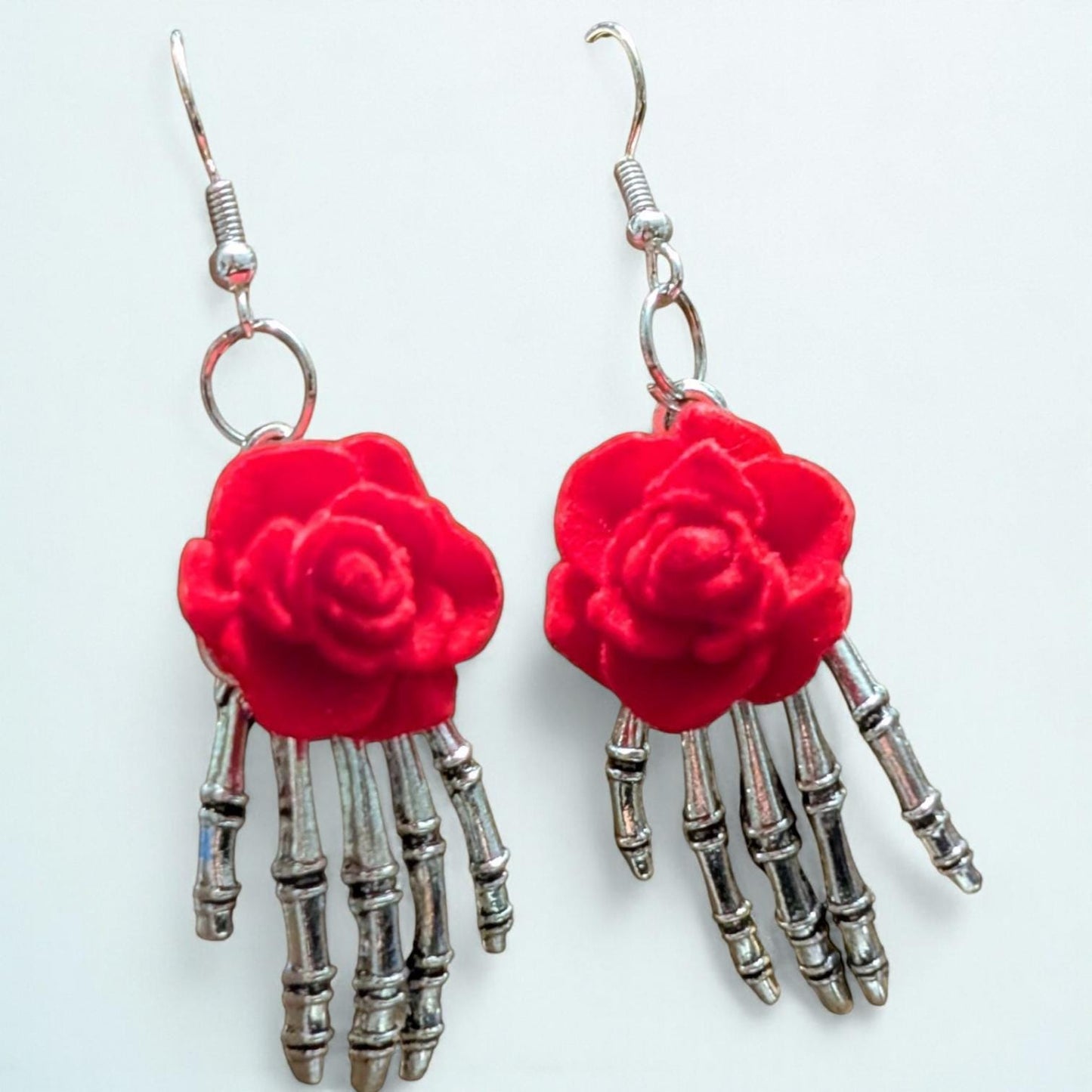 Skeleton Hand Dangle Earrings with Red Rose, Gothic Jewelry