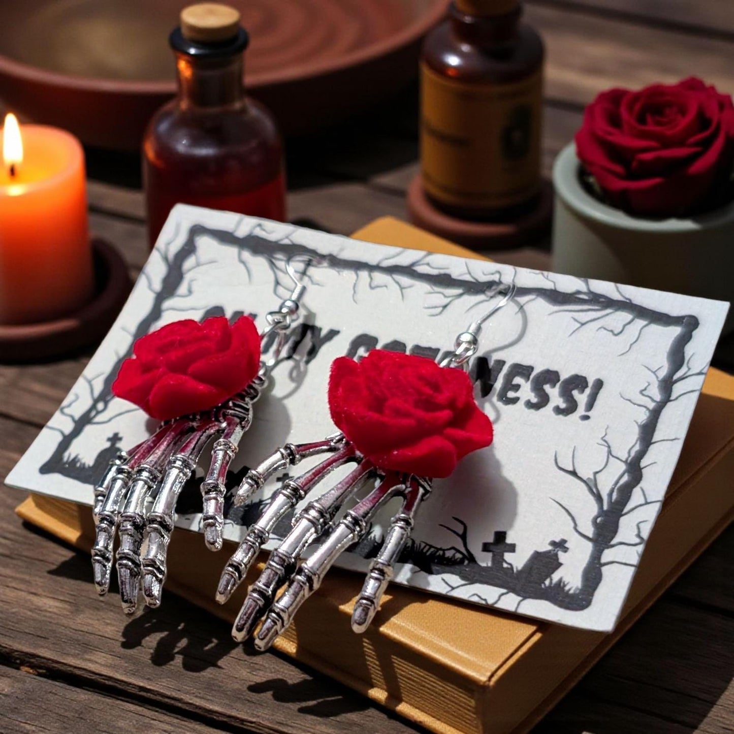 Skeleton Hand Dangle Earrings with Red Rose, Gothic Jewelry