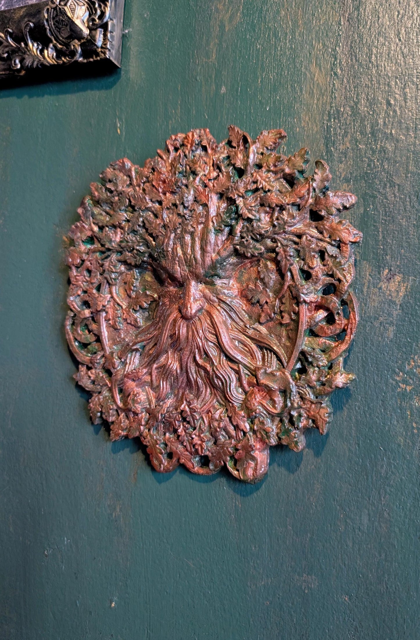 Handmade Green Man Wall Plaque, Bronze Patina Oak Tree Decor