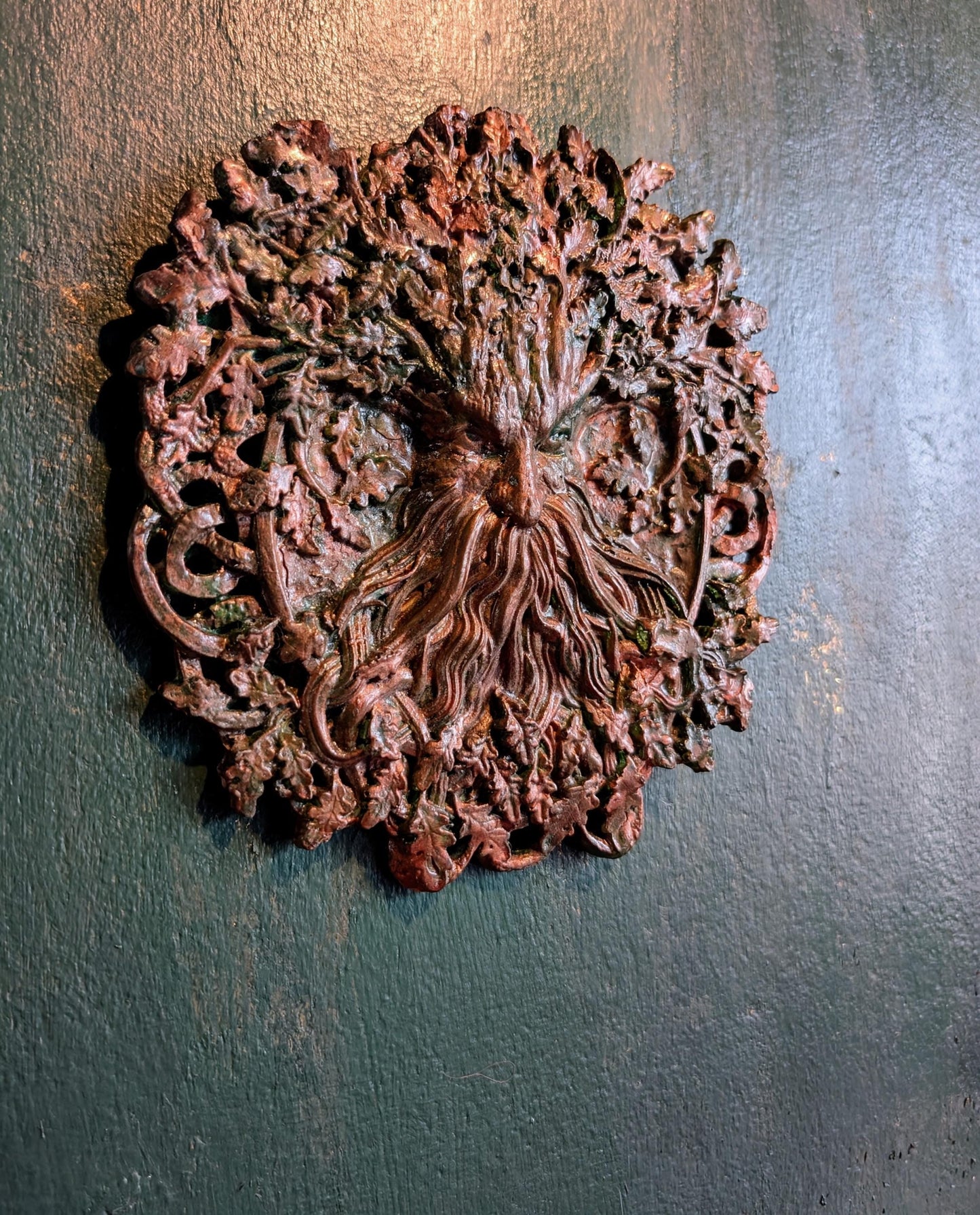 Handmade Green Man Wall Plaque, Bronze Patina Oak Tree Decor